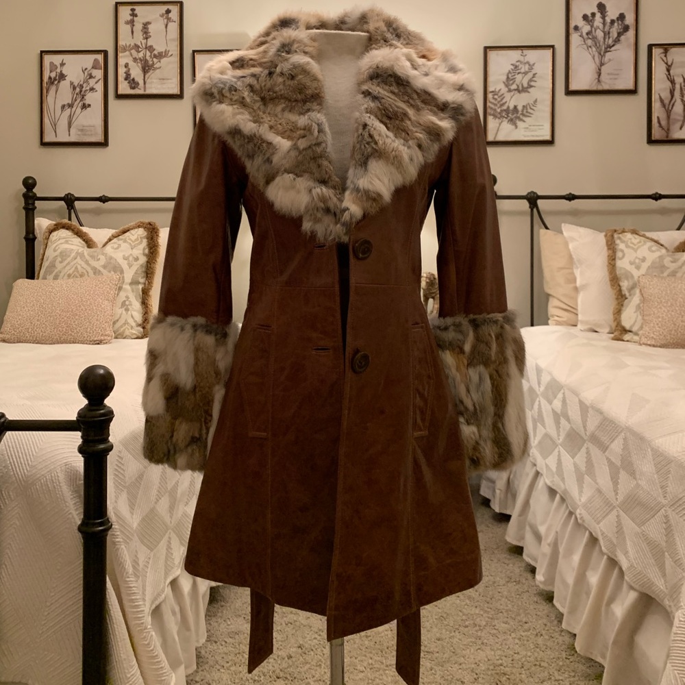 Camel Leather Fur Coat